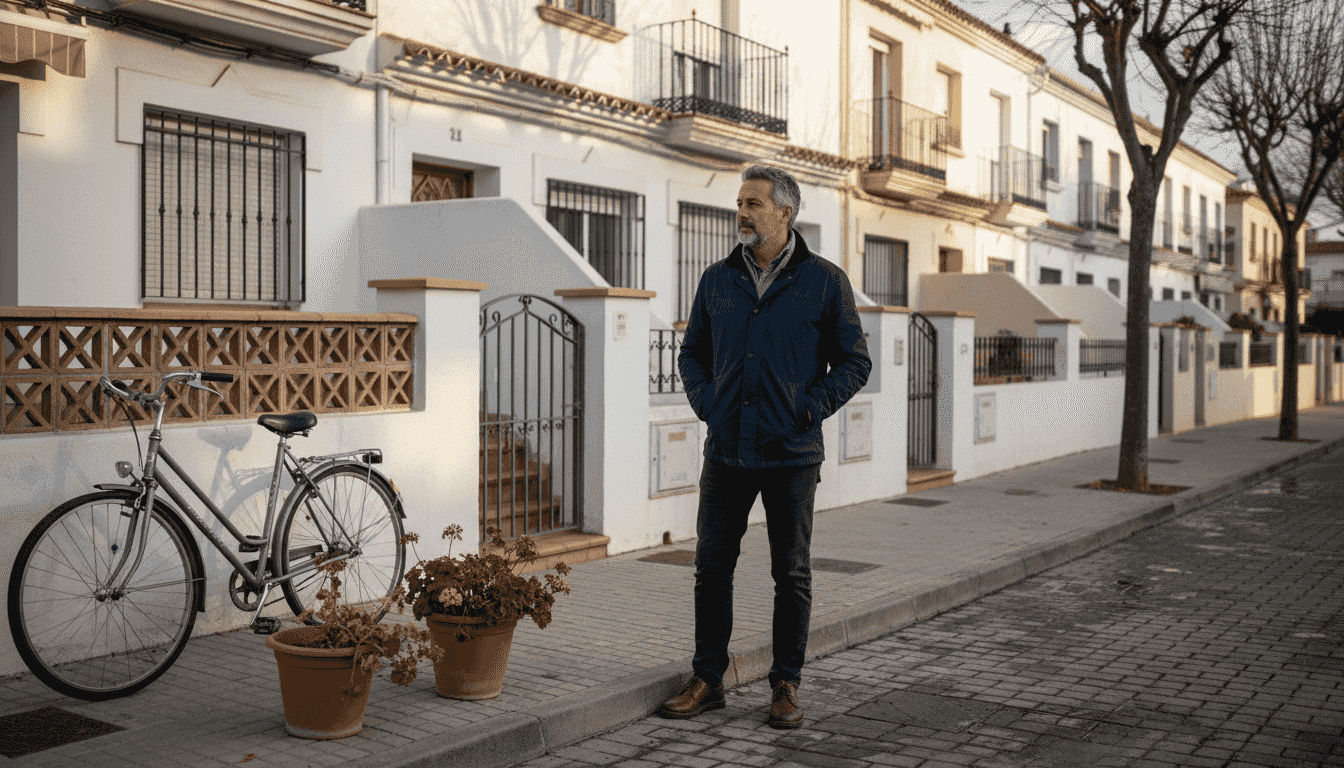 Un hombre contempla una fila de chalets adosados en una calle de la ciudad.