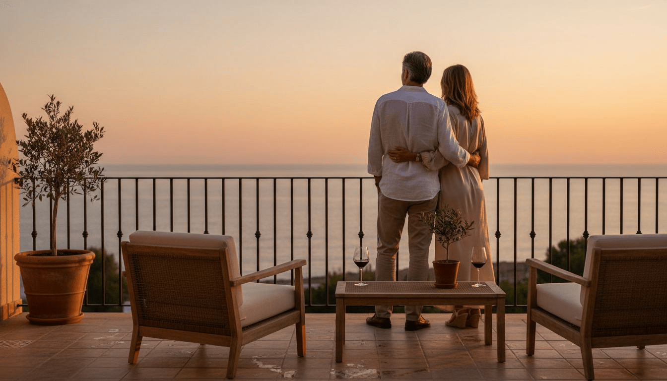 Una pareja disfruta de una tarde en la terraza de una exclusiva villa en Cambrils.
