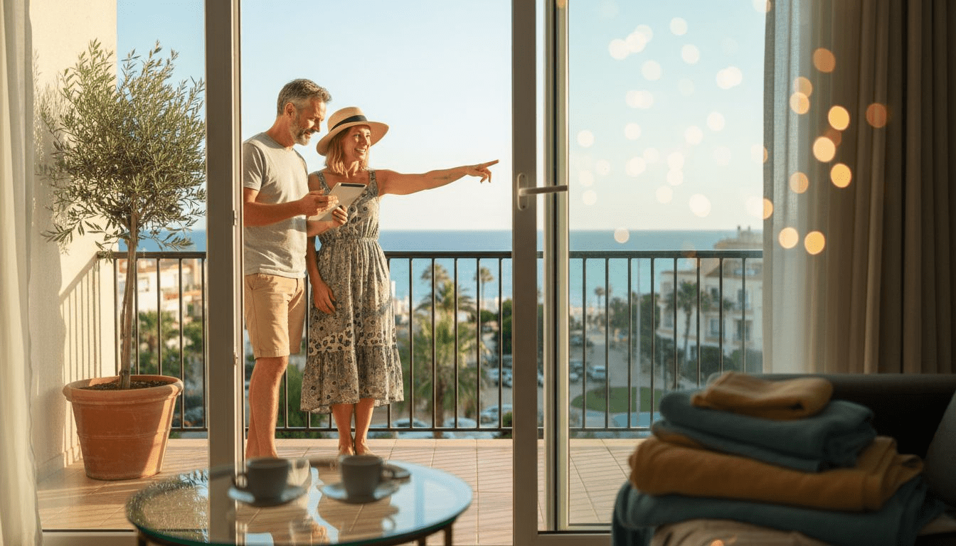 Pareja organizando el alquiler de una vivienda desde el balcón de su apartamento en Cambrils