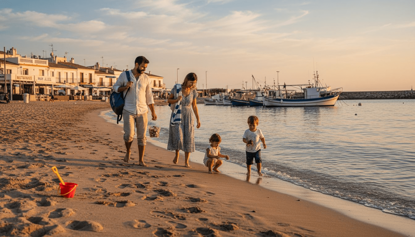 Una familia disfruta de un paseo por la playa de Cambrils