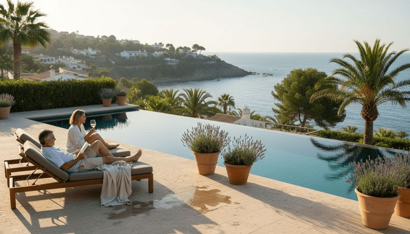 Una pareja disfruta de una tarde tranquila en la terraza de una exclusiva villa en la Costa Dorada.