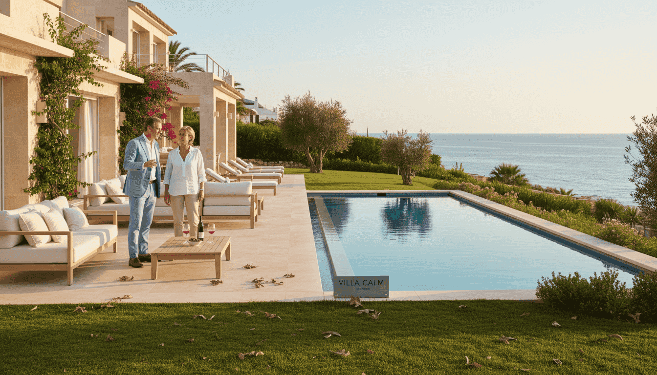 Una pareja recorre una exclusiva villa mediterránea de lujo