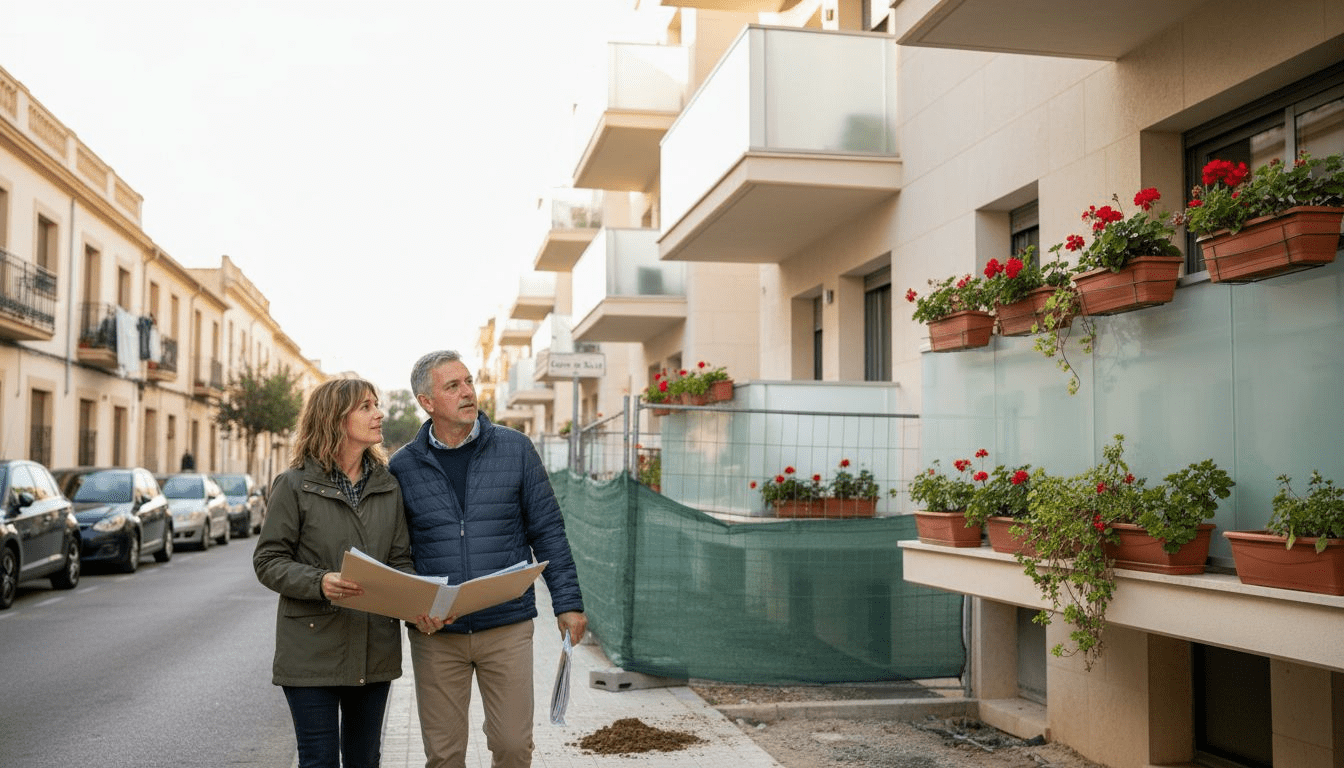 Una pareja visita un nuevo edificio de apartamentos en Cambrils para conocer las instalaciones y valorar si es el lugar ideal para empezar una nueva etapa juntos.