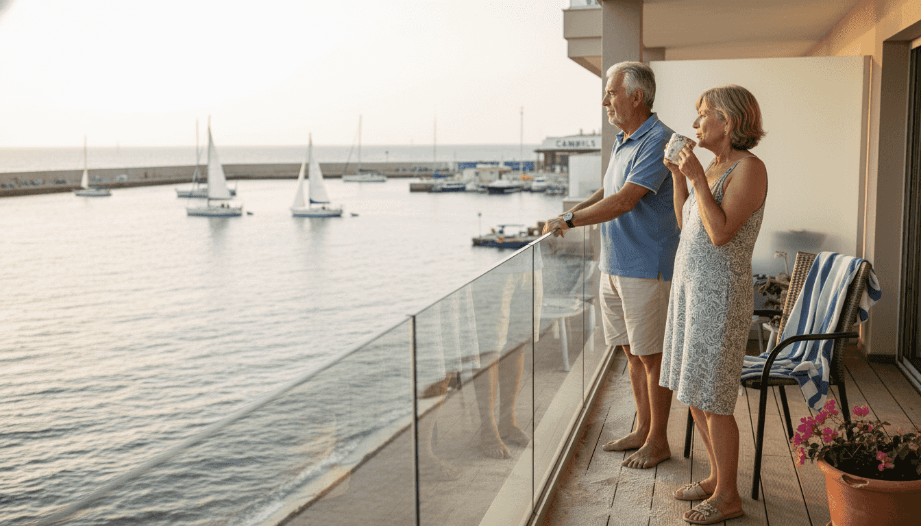 Una pareja disfruta de las vistas al mar desde el balcón de su alojamiento en Cambrils.