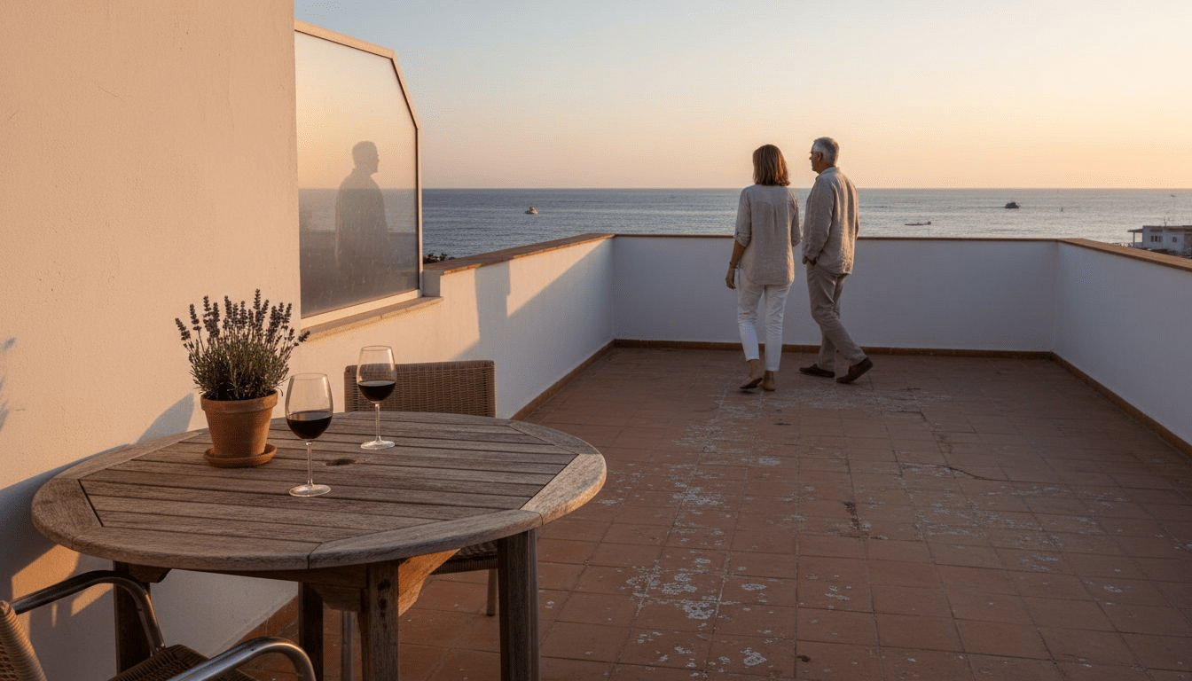 Una pareja disfruta de un ático exclusivo con espectaculares vistas al mar.
