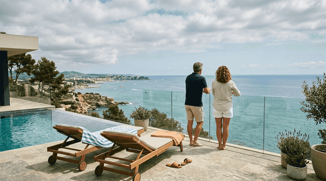 Pareja disfrutando de una exclusiva terraza con vistas al mar en una villa de lujo
