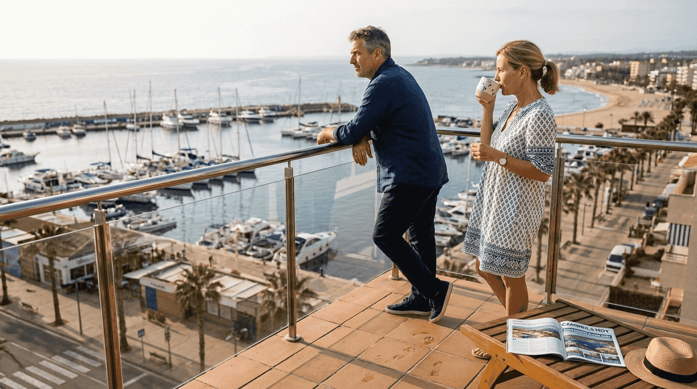 Una pareja disfruta de una exclusiva terraza con impresionantes vistas al mar