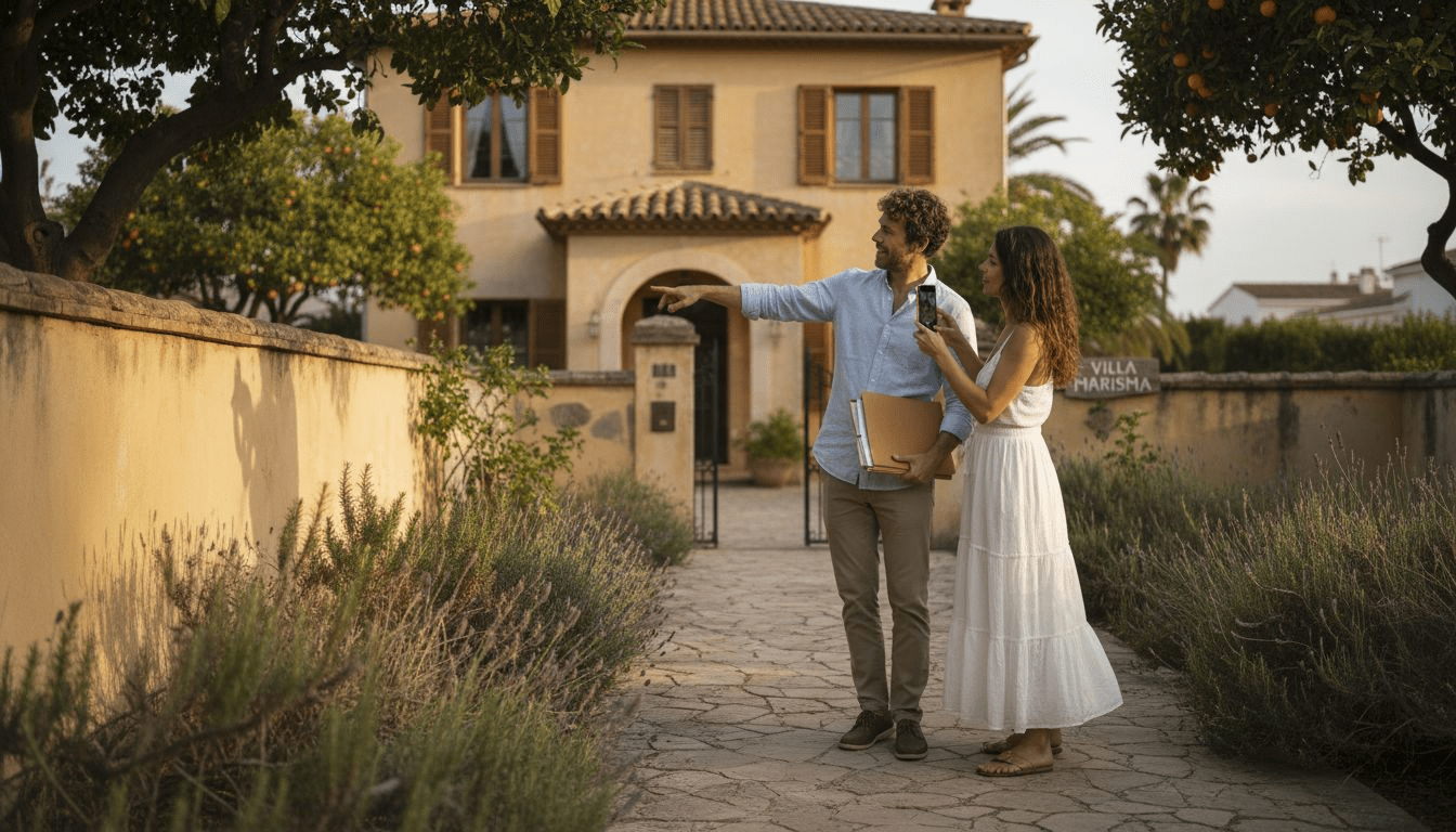 Una pareja visita el exterior de una vivienda en Cambrils para valorarla.
