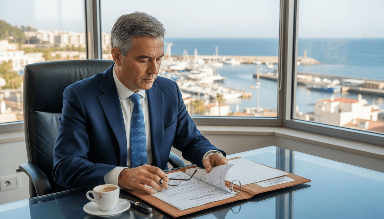 Asesor inmobiliario revisando detenidamente un contrato en una oficina elegante