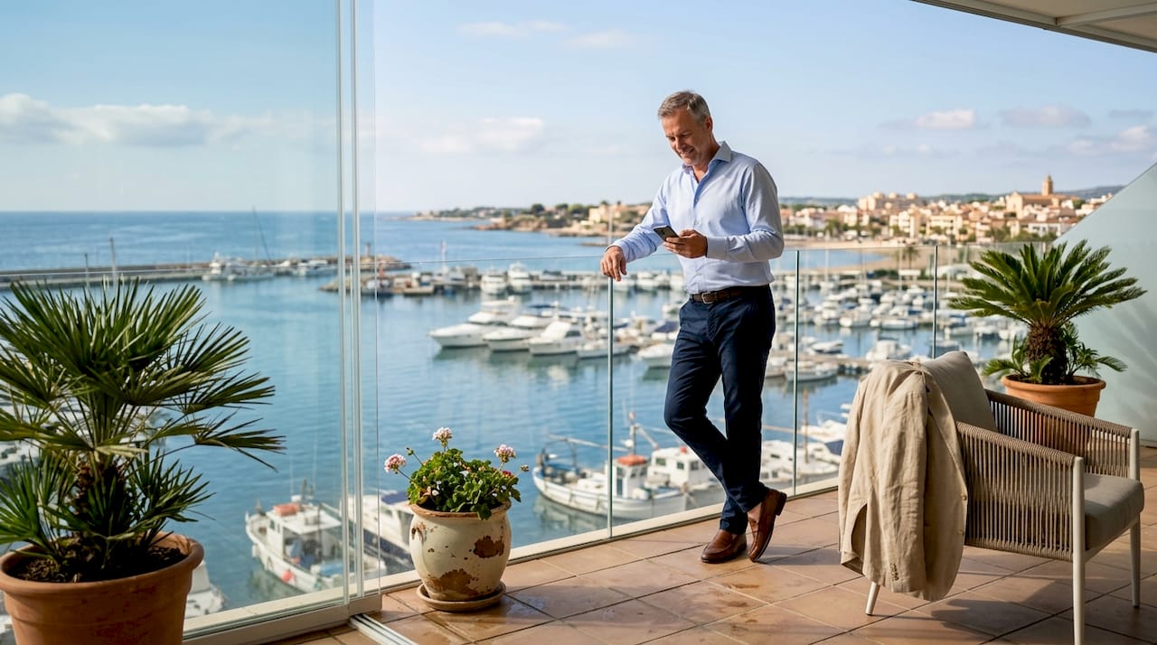 Inversor contemplando una exclusiva propiedad en Cambrils con vistas al puerto deportivo