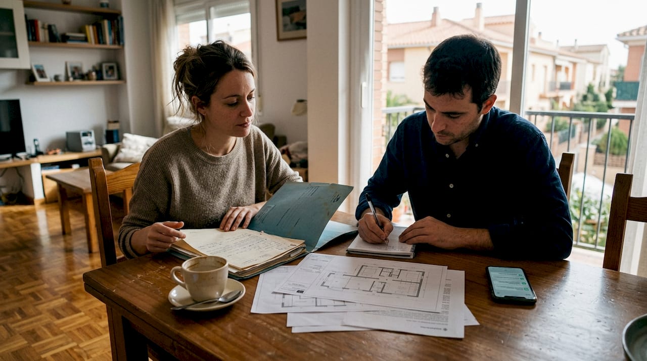 Una pareja revisa los papeles y permisos de su nueva vivienda antes de mudarse.