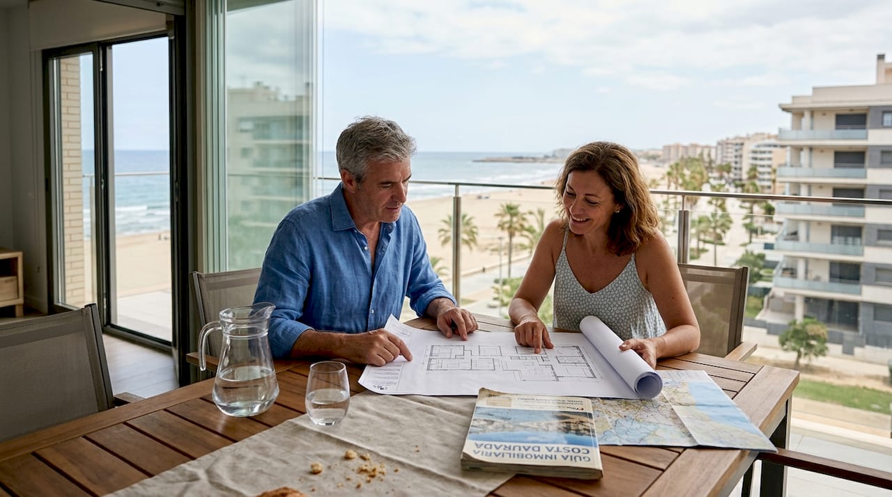 Una pareja analiza unos planos mientras disfruta de la terraza con vistas al mar.