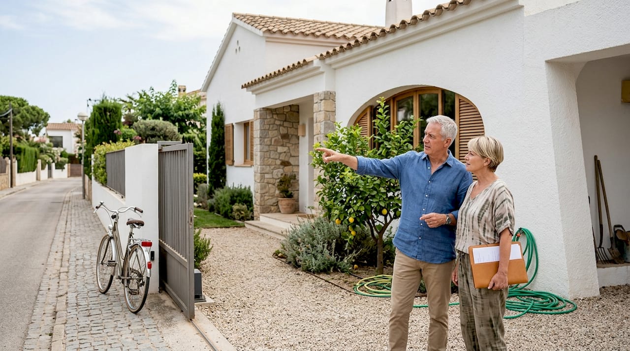 Couple viewing modern luxury villa exterior