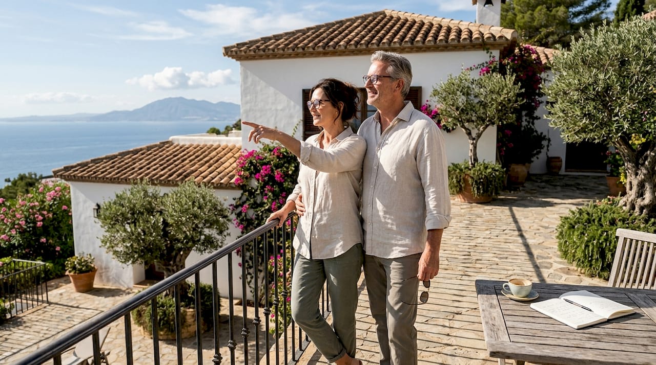 Couple enjoy view at Spanish luxury villa