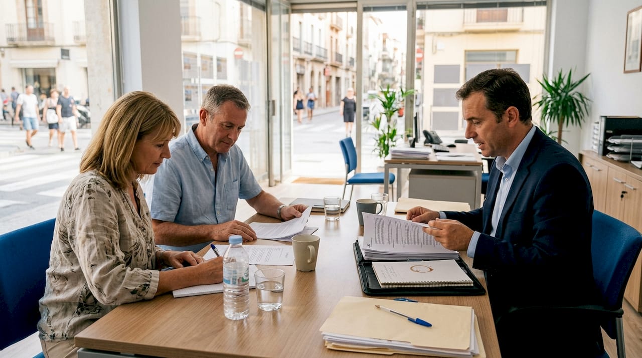 Couple reviewing property documents with lawyer