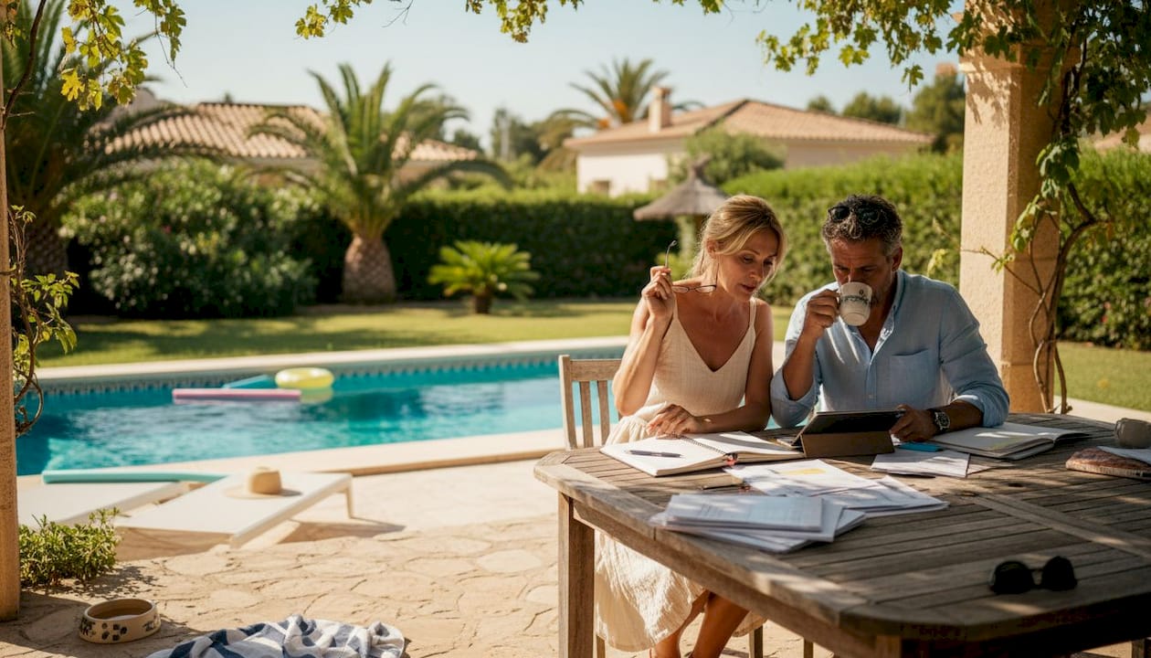 Couple reviewing rental paperwork on villa patio