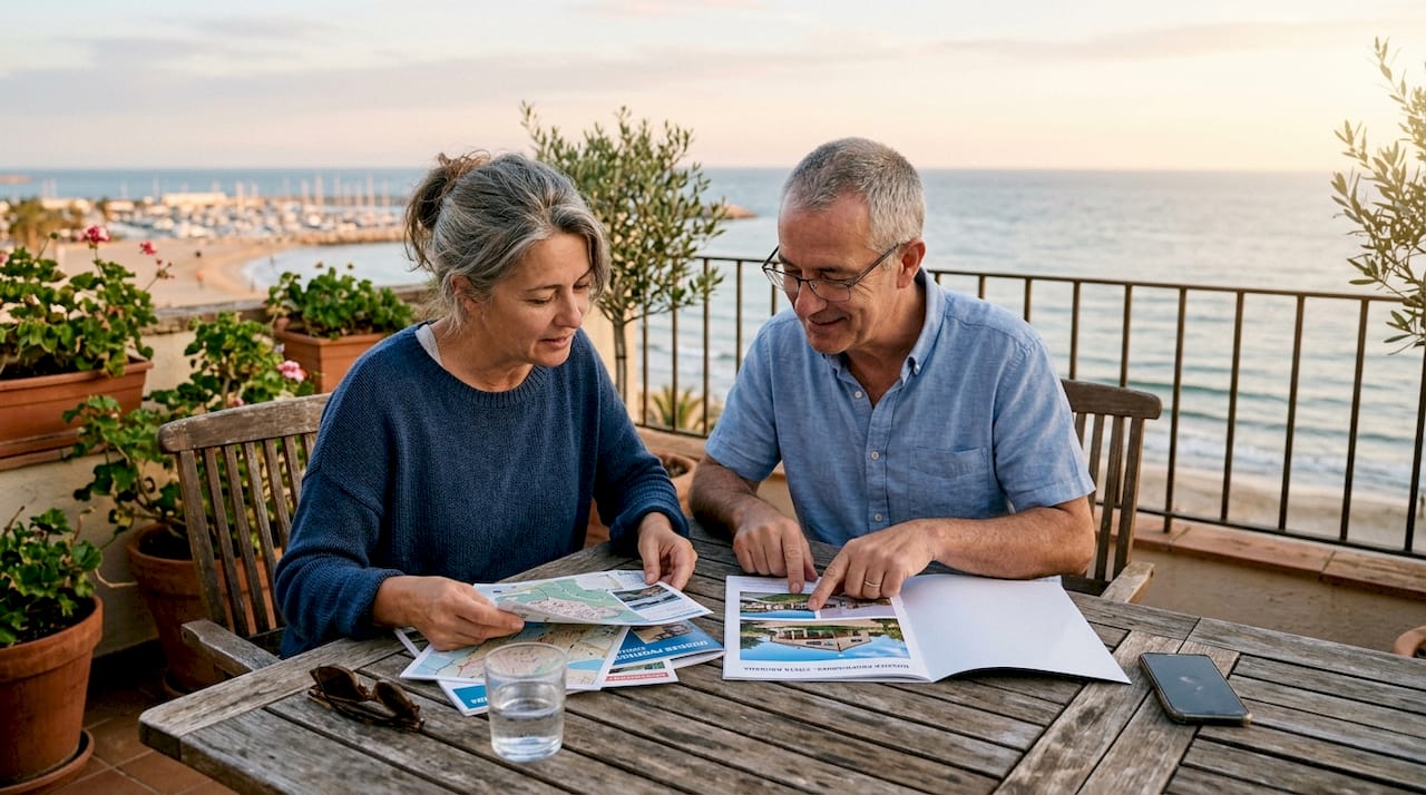 Una pareja analiza opciones de vivienda desde una terraza con impresionantes vistas al mar.