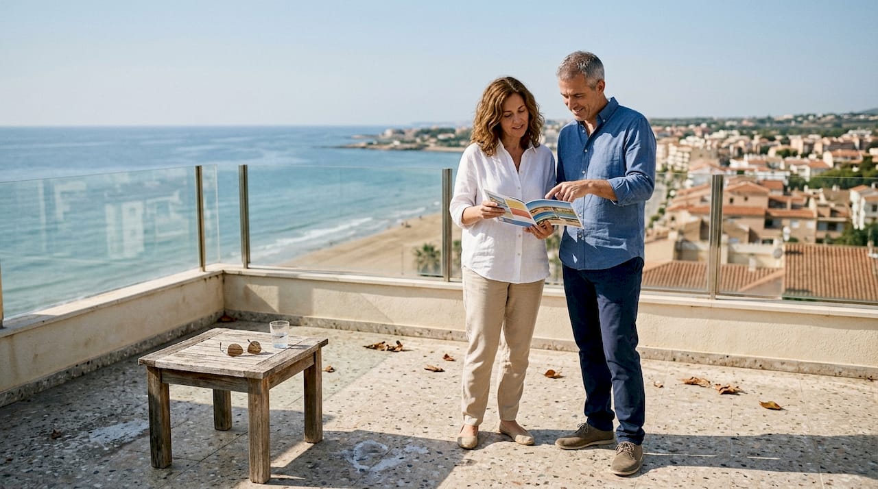 Couple viewing luxury property terrace Costa Dorada