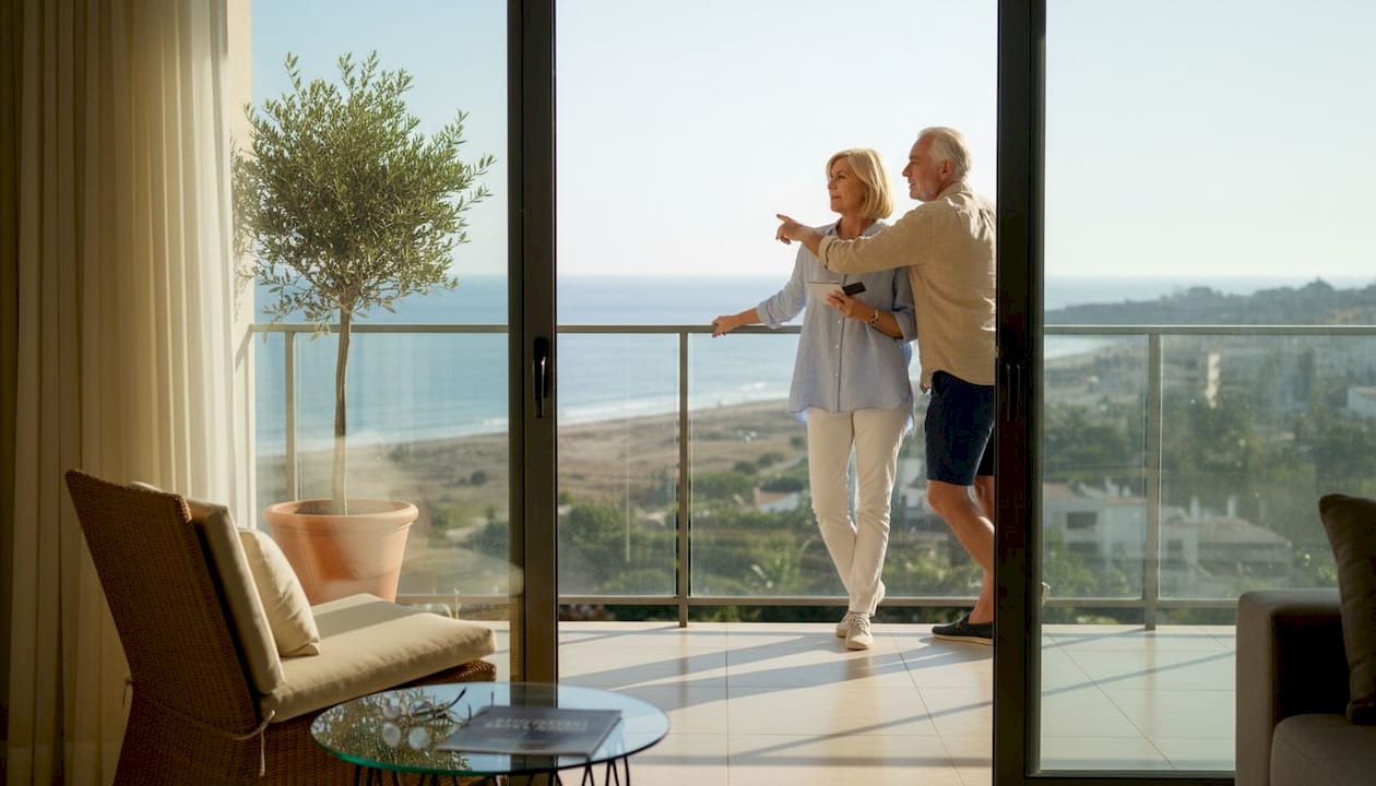 Pareja disfrutando de las vistas desde el balcón de su apartamento en la Costa Dorada
