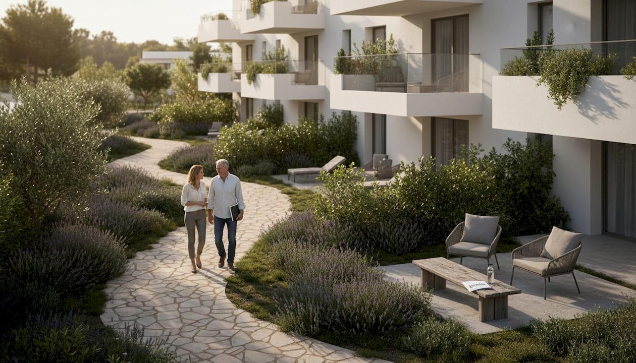 Couple walking outside luxury new Cambrils building
