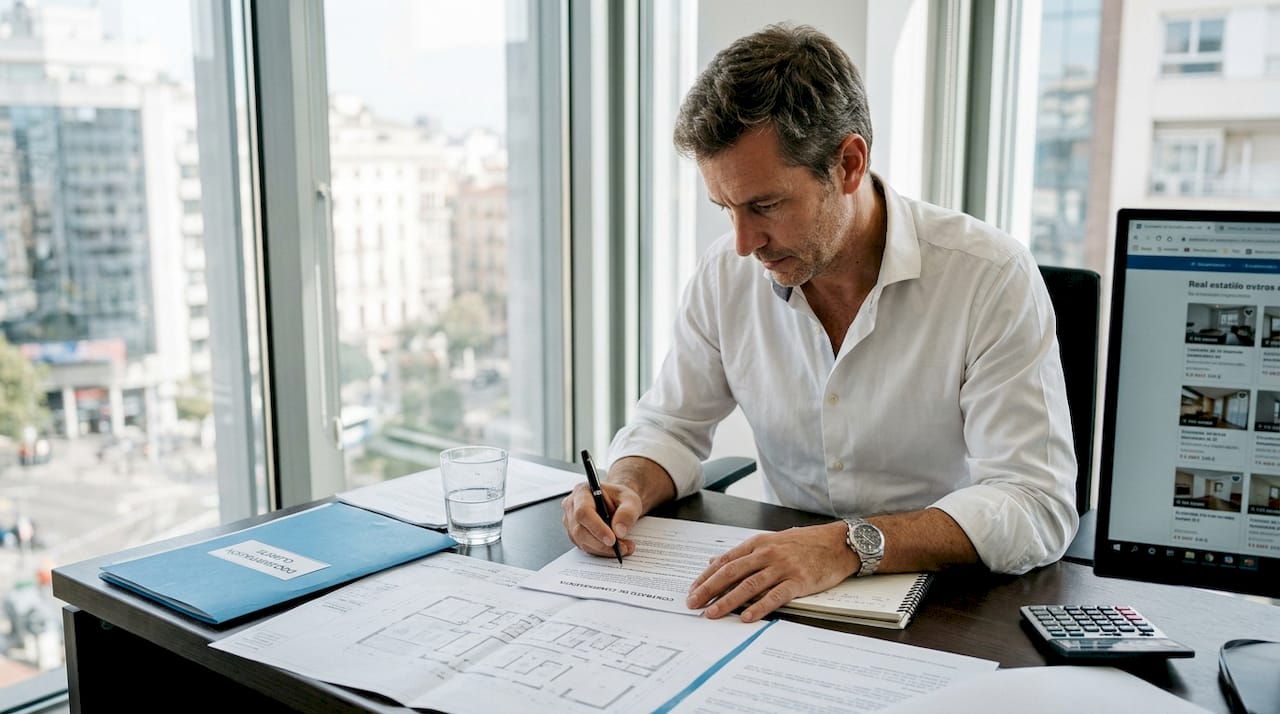 Agente inmobiliario revisando documentación en su despacho