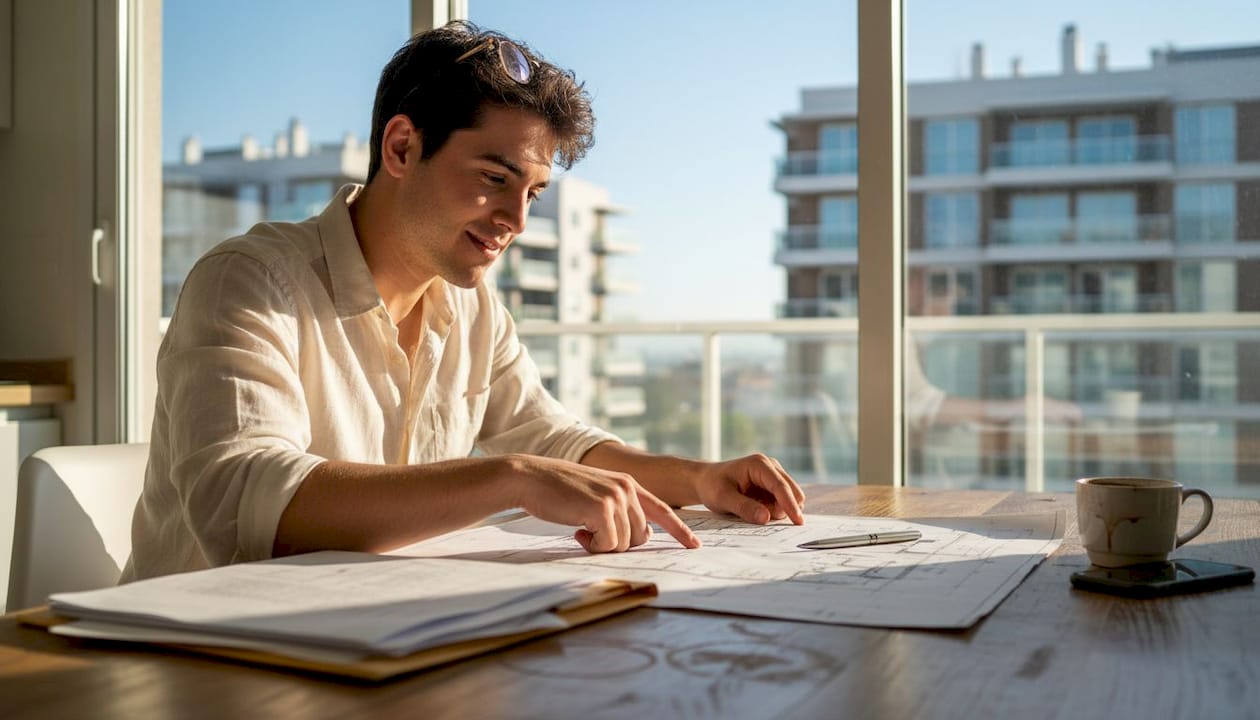 Un hombre revisa los planos de una nueva construcción en Cambrils.