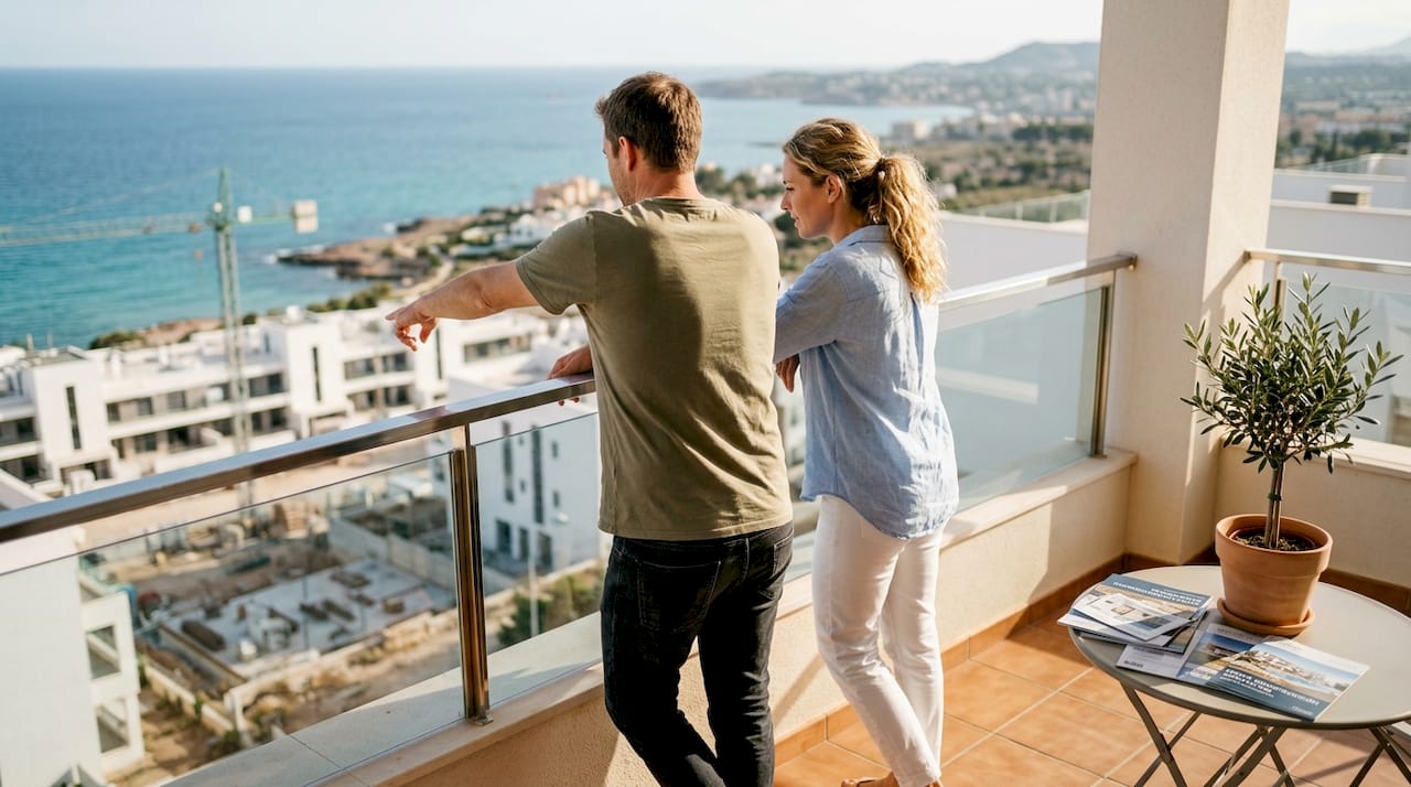 Pareja visitando nuevas promociones inmobiliarias en la Costa Dorada