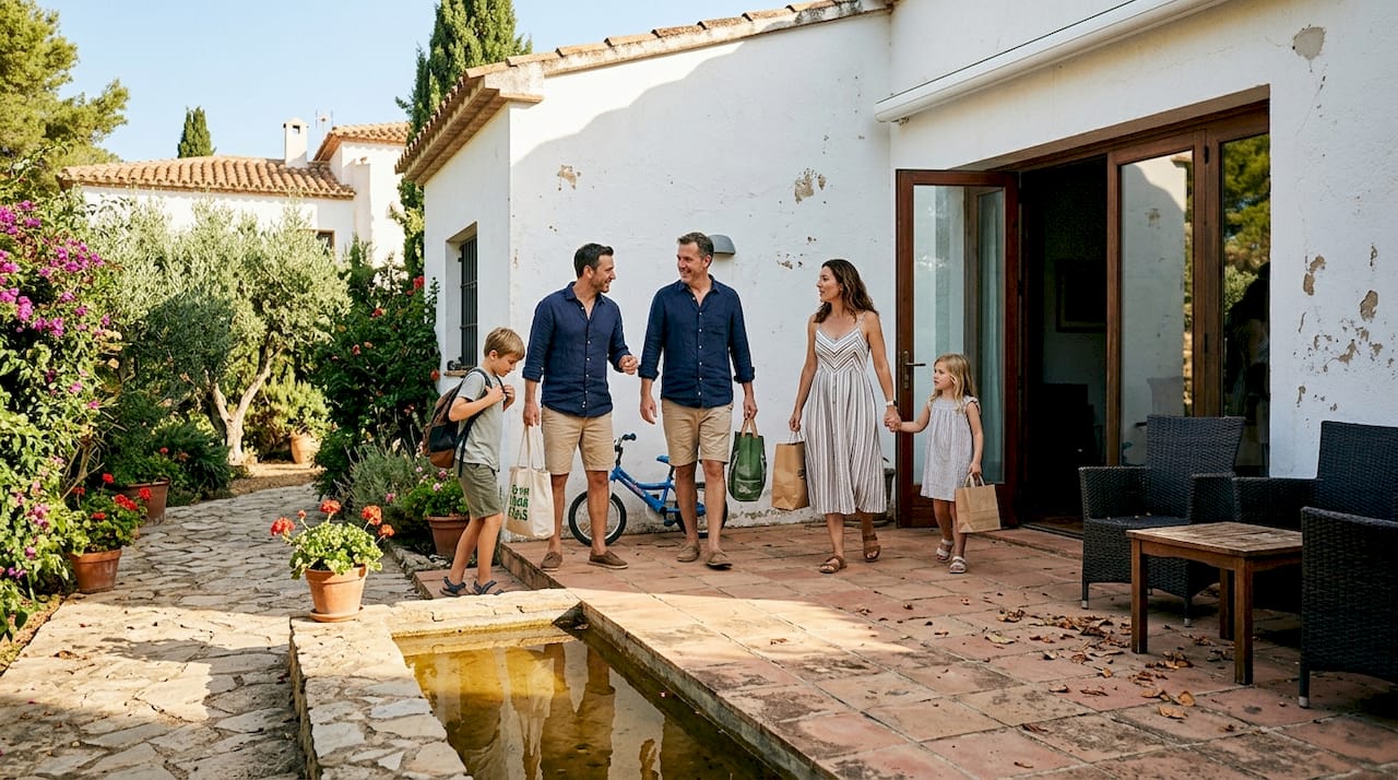 Family arriving at Vilafortuny villa terrace