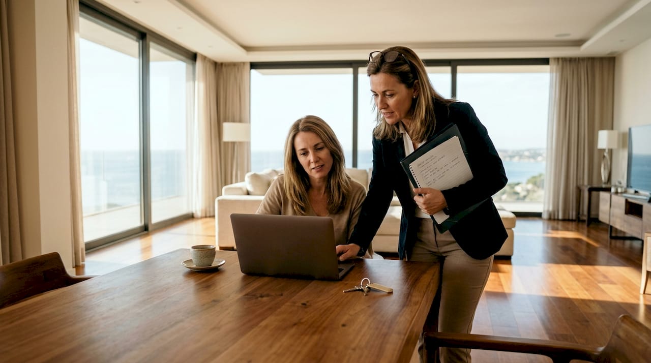 Un asesor inmobiliario enseña un exclusivo apartamento a unos posibles compradores, destacando cada detalle de lujo y las ventajas de vivir en una de las zonas más prestigiosas de la ciudad.