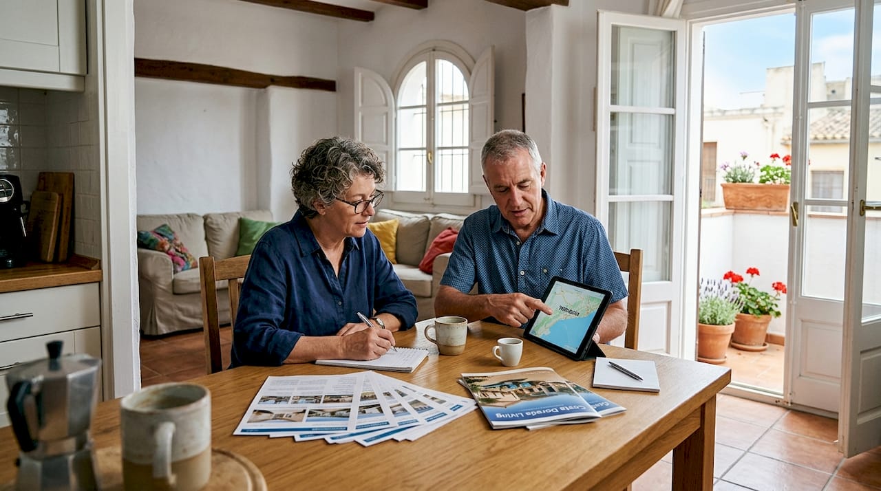 Couple reviewing Tarragona villa listings at home