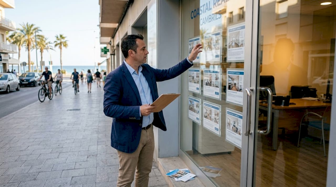 Agent reviewing listings at Cambrils coastal agency