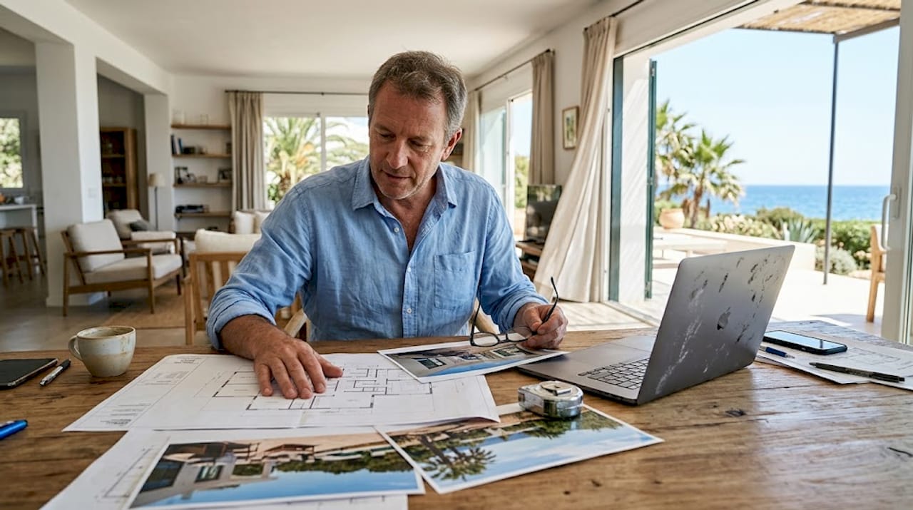 Perito revisando planos en una vivienda con vistas al mar