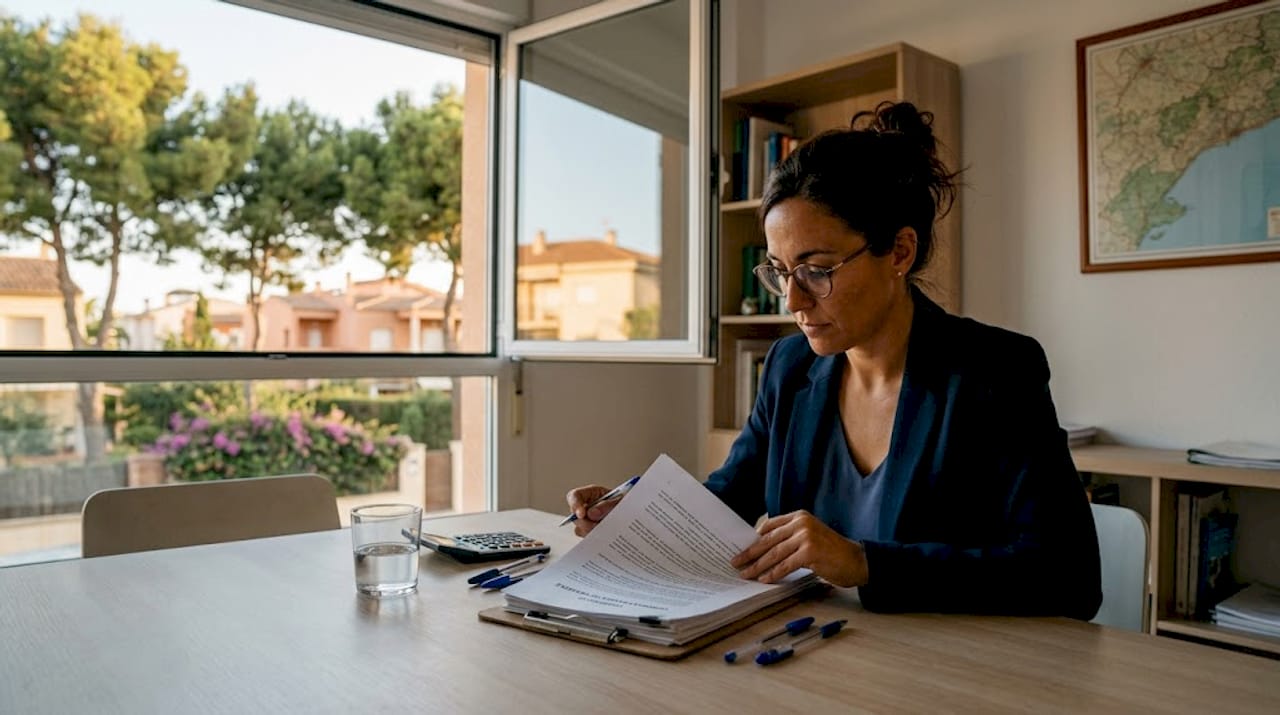 Abogada especializada en derecho inmobiliario revisando detenidamente un contrato en su despacho