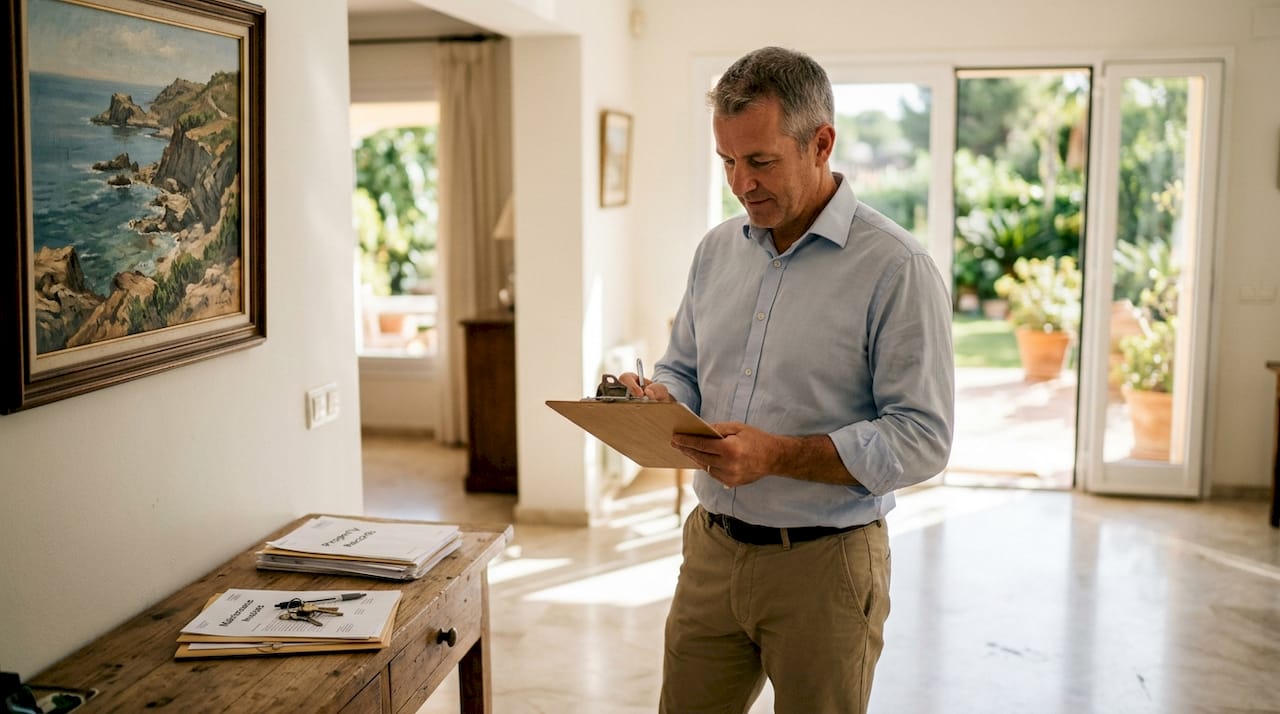 Manager reviewing checklist in luxury villa foyer