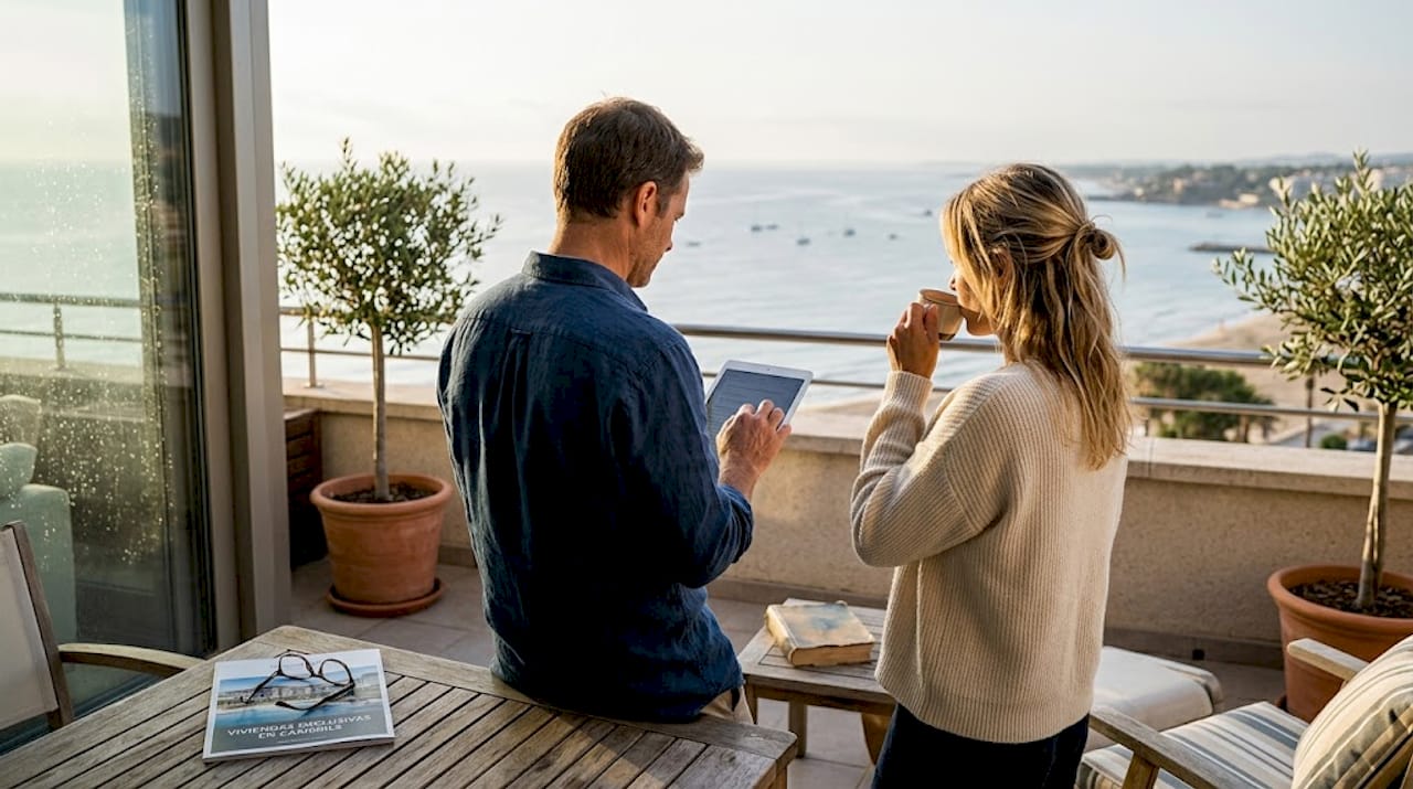 Una pareja visita la terraza de una exclusiva vivienda en Cambrils para valorar sus posibilidades.