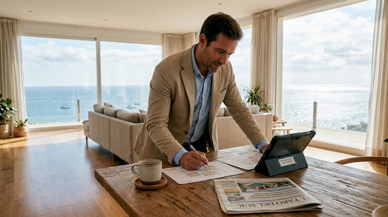 Un agente analiza planos en una sala con espectaculares vistas al mar.