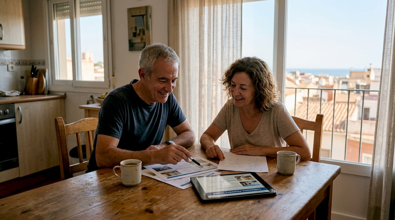 Couple reviewing Tarragona real estate listings at home