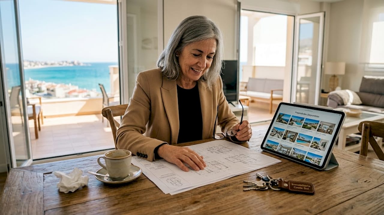 Agente inmobiliaria revisando los planos de una vivienda en un ático