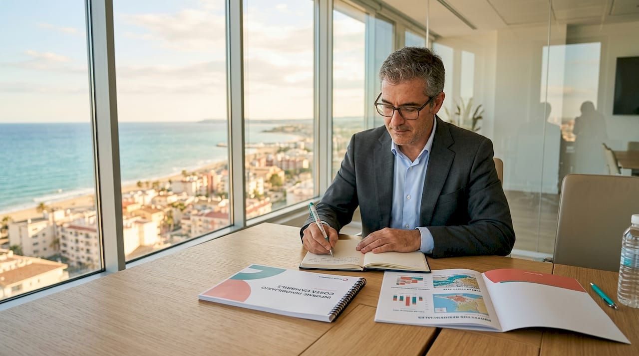 Directivo analizando reportes del sector inmobiliario con vista al mar