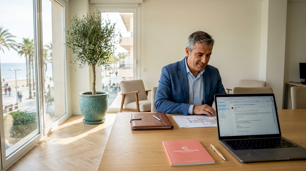 Agente inmobiliario analizando planos en un salón sofisticado