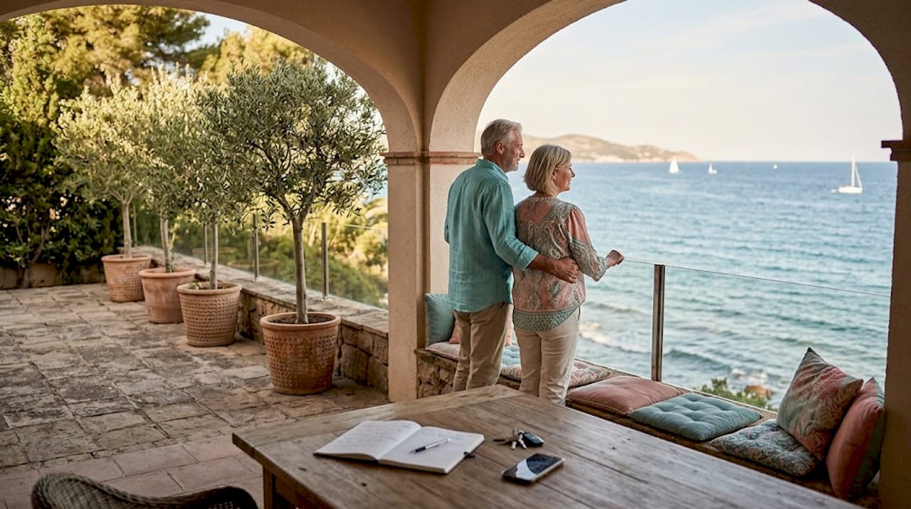 Couple viewing luxury villa terrace in Cambrils