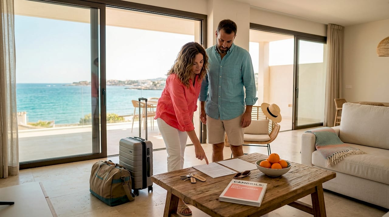 Couple in Costa Dorada luxury villa reviewing rental documents