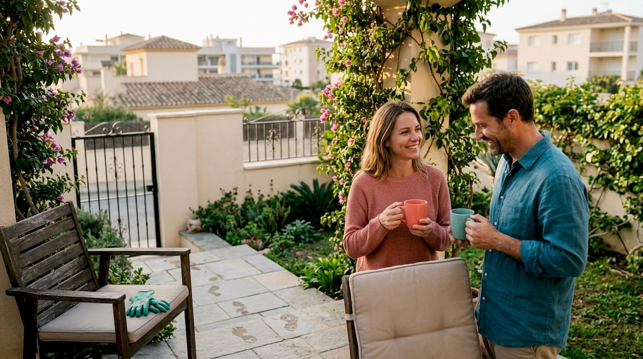 Couple talking on chalet patio overlooking apartments