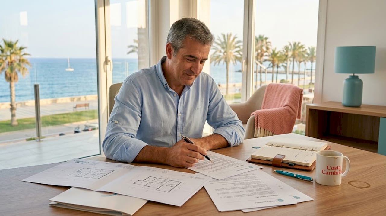 Un asesor analiza los planos en su oficina, disfrutando de una espectacular vista al mar.
