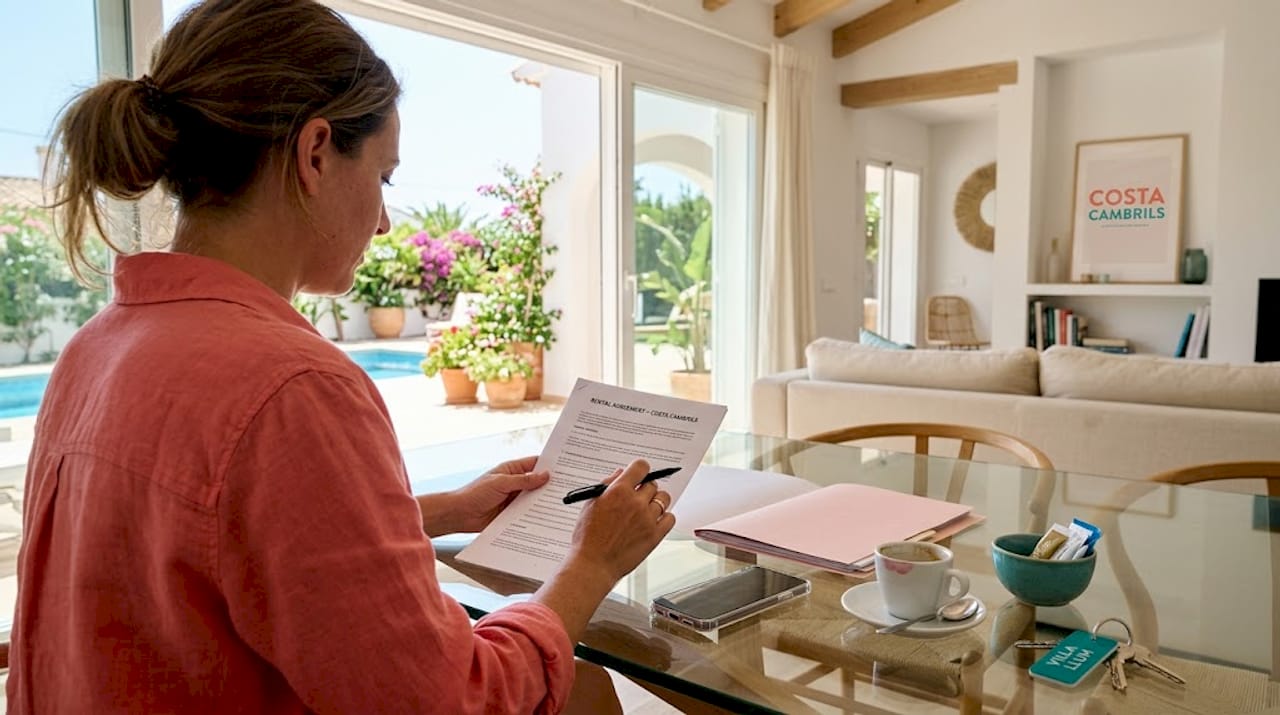 Woman reviewing rental contract in luxury villa
