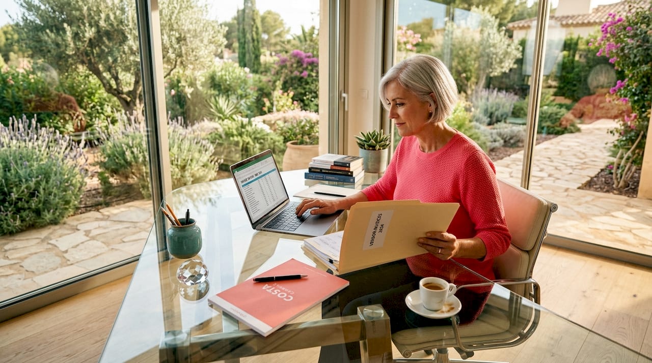 Luxury property manager at glass desk reviewing documents