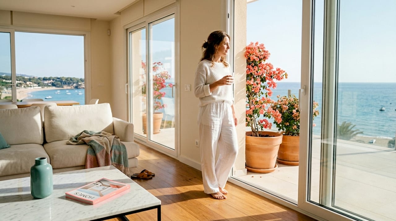 Woman in modern Mediterranean villa, sea view