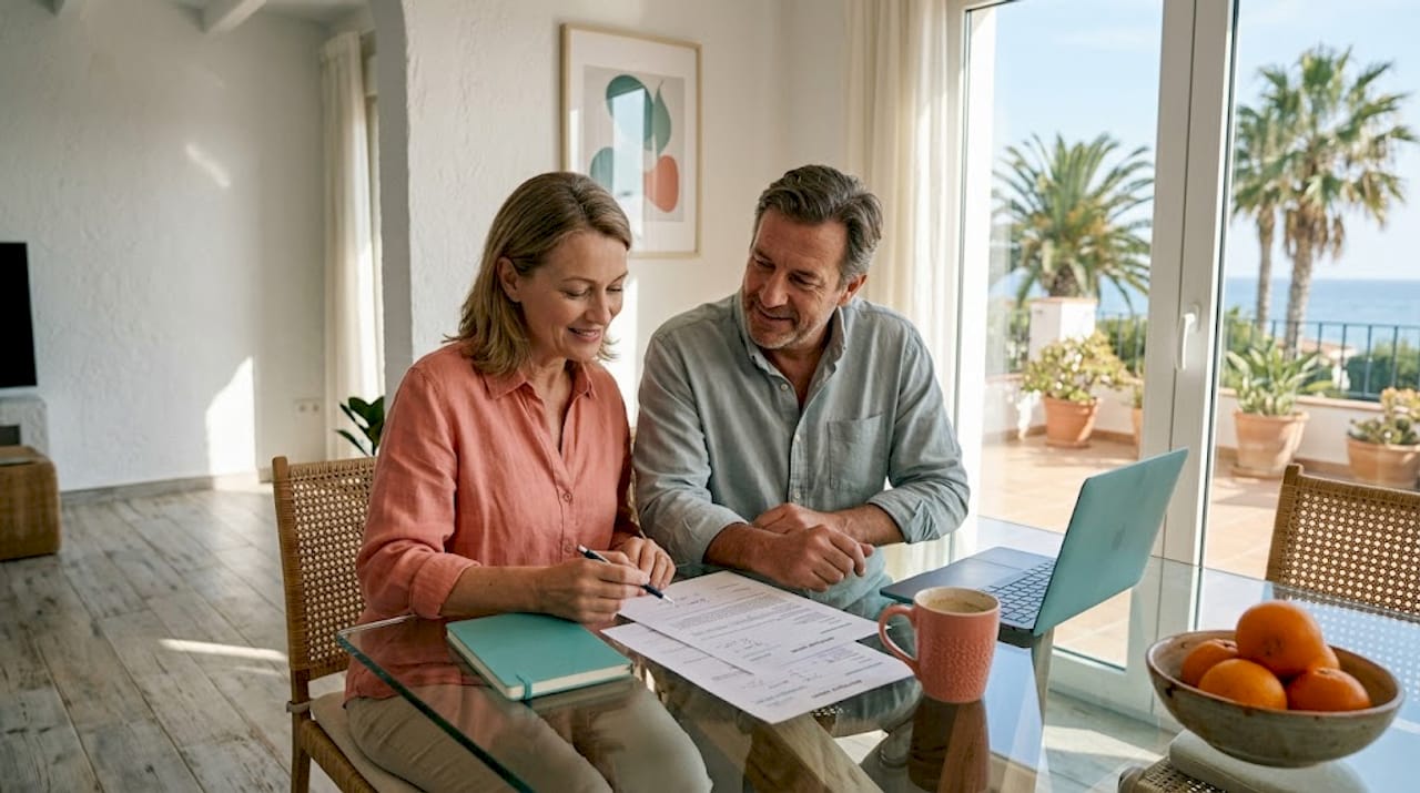 Couple reviews mortgage documents in villa