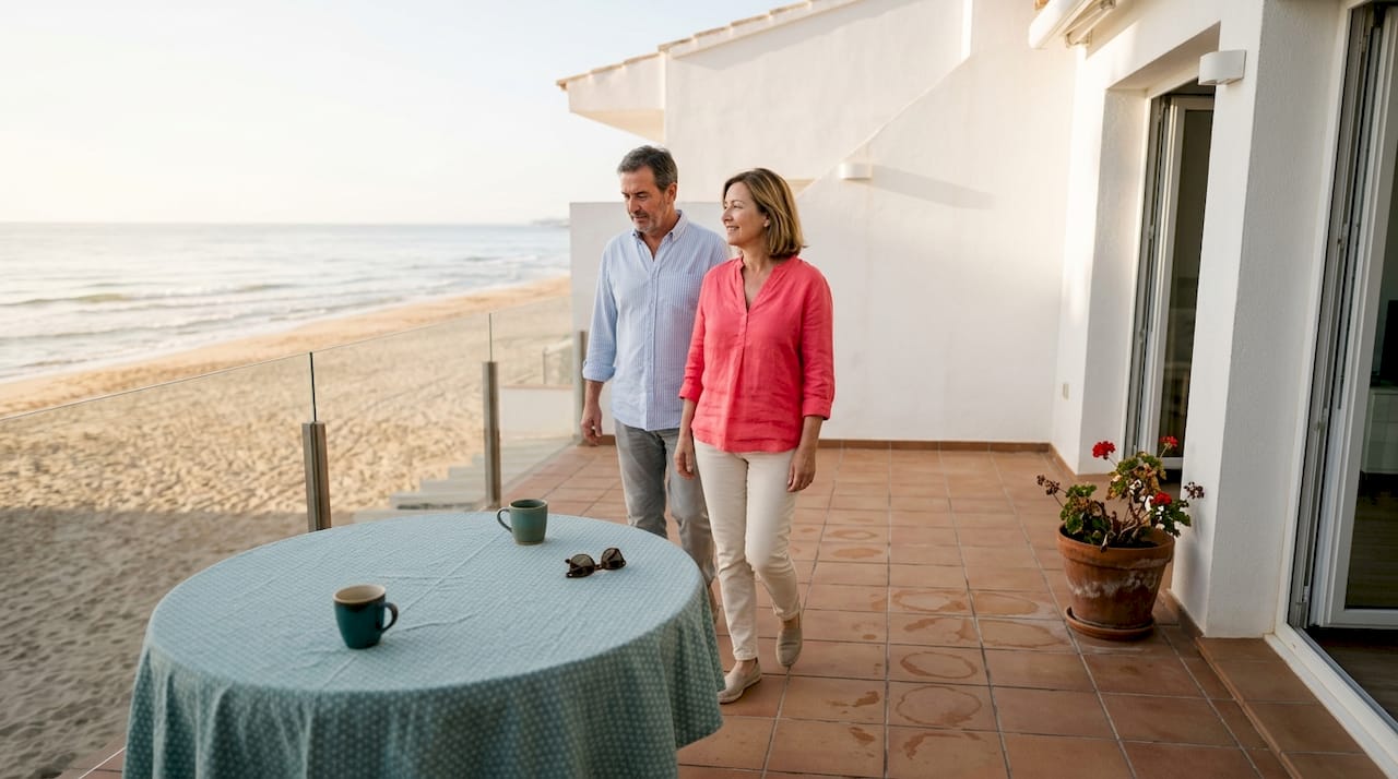 Una pareja se relaja en la terraza con vistas al mar.