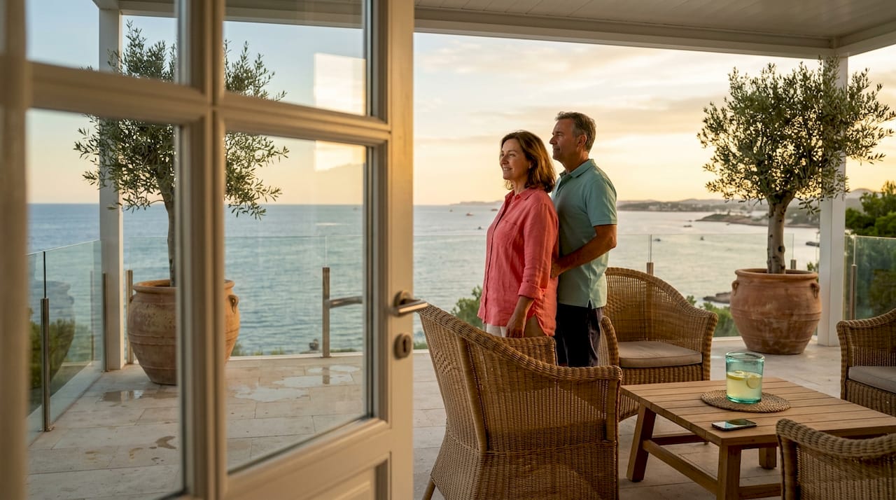 Pareja disfrutando de un momento de descanso en la terraza de su cabaña frente al mar